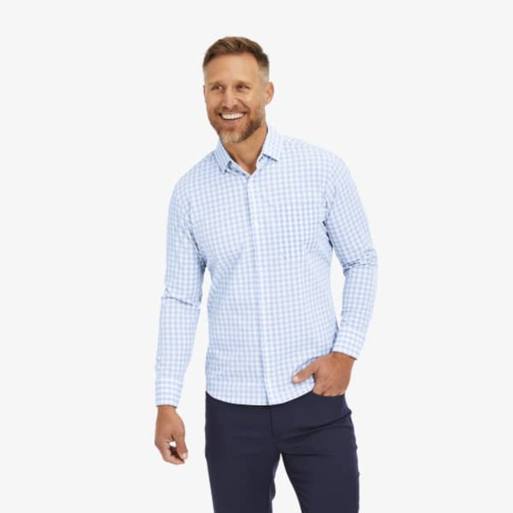 Mizzen + Main Leeward Dress Shirt Light Blue Gingham Sizze X-Large Trim Fit